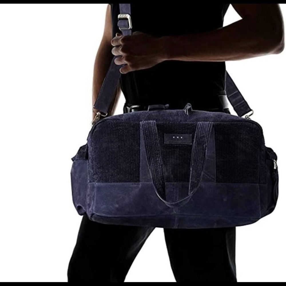 John Varvatos corduroy blue weekender duffle bag